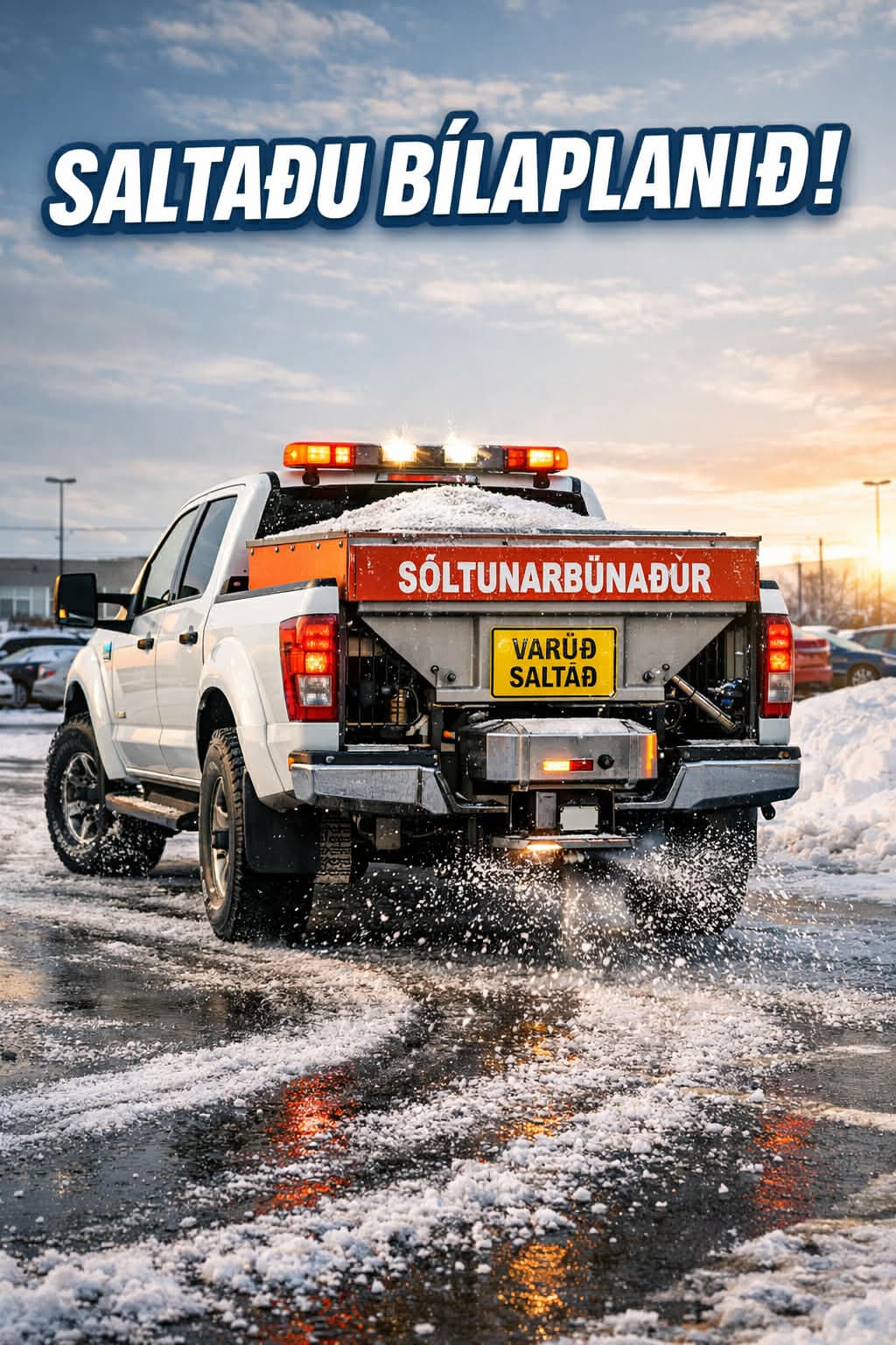 Pallbíll með saltdreifara á hálu bílaplani